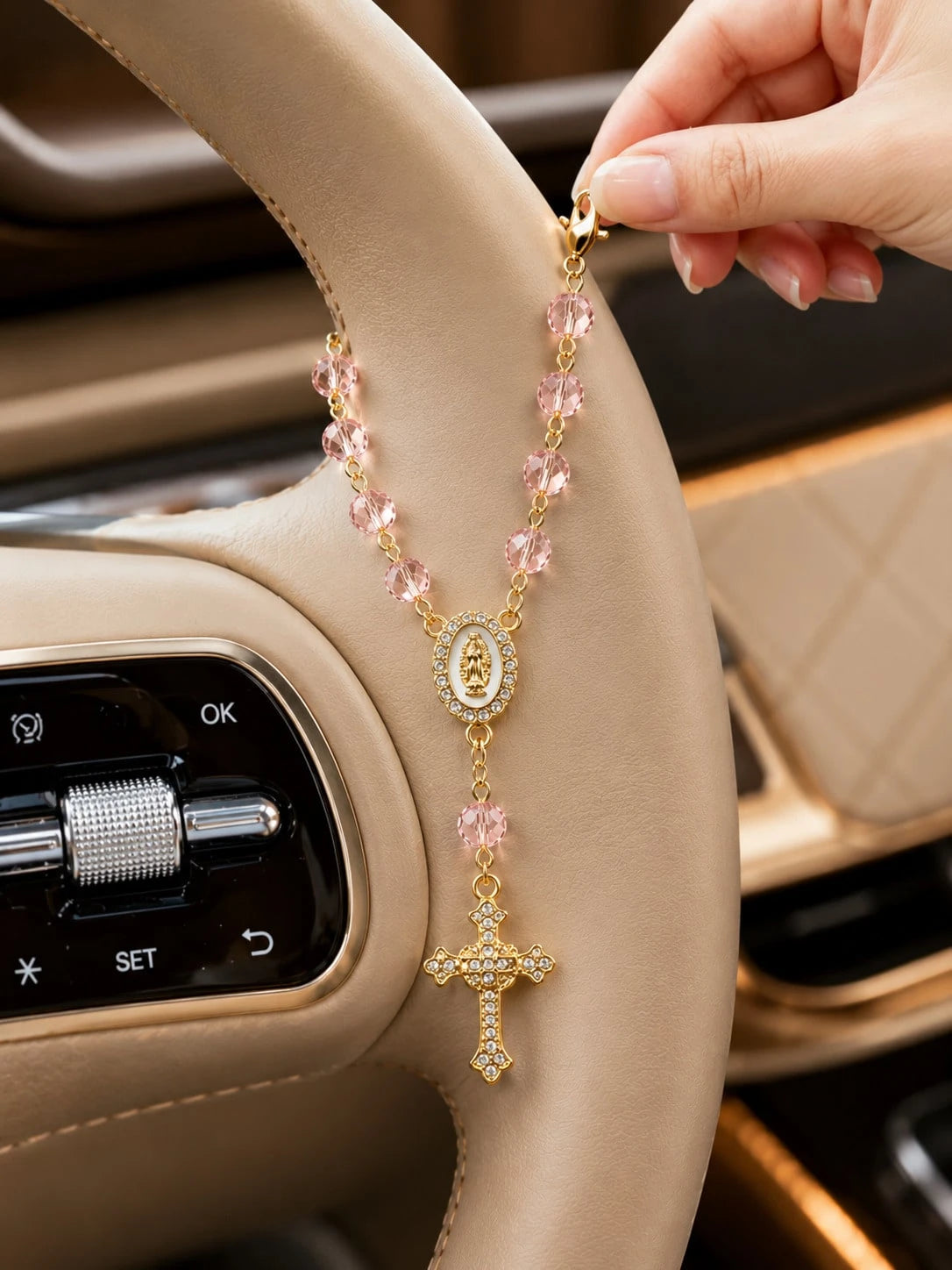 1pc Crystal Virgin Mary Rhinestone Cross Pendant, Elegant Women's Car Interior Decor Hanging Ornament, Universal Decoration For Steering Wheel, Rearview Mirror And Handbag, Exquisite Religious Style G