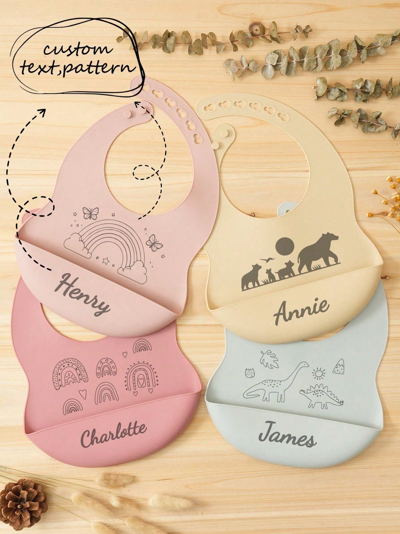 1pc Custom Name Pattern Baby Silicone Bib, Personalized Adjustable Waterproof Baby Bibs, Print On Demand Baby Tableware, Essential For Newborns, Baby Shower Gift