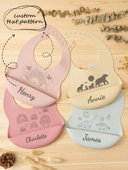 1pc Custom Name Pattern Baby Silicone Bib, Personalized Adjustable Waterproof Baby Bibs, Print On Demand Baby Tableware, Essential For Newborns, Baby Shower Gift