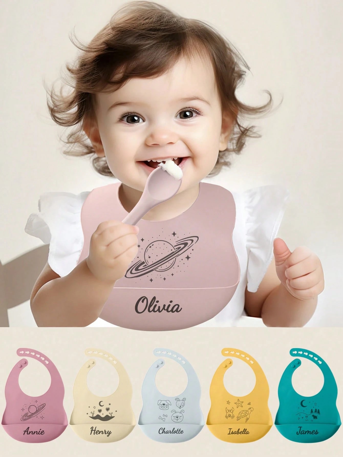 1pc Custom Name Pattern Baby Silicone Bib, Personalized Adjustable Waterproof Baby Bibs, Print On Demand Baby Tableware, Essential For Newborns, Baby Shower Gift