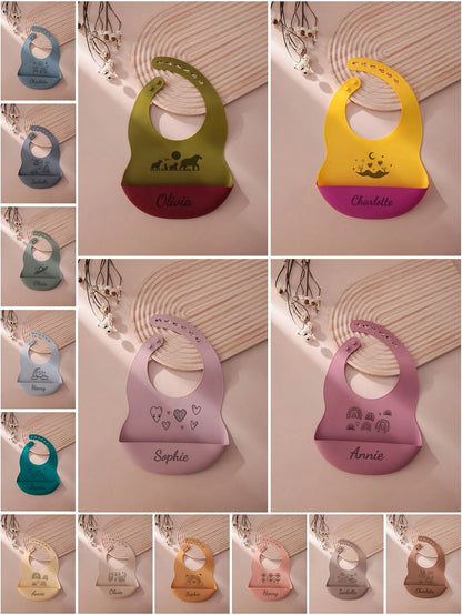 1pc Custom Name Pattern Baby Silicone Bib, Personalized Adjustable Waterproof Baby Bibs, Print On Demand Baby Tableware, Essential For Newborns, Baby Shower Gift