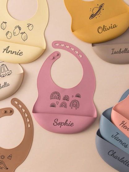 1pc Custom Name Pattern Baby Silicone Bib, Personalized Adjustable Waterproof Baby Bibs, Print On Demand Baby Tableware, Essential For Newborns, Baby Shower Gift