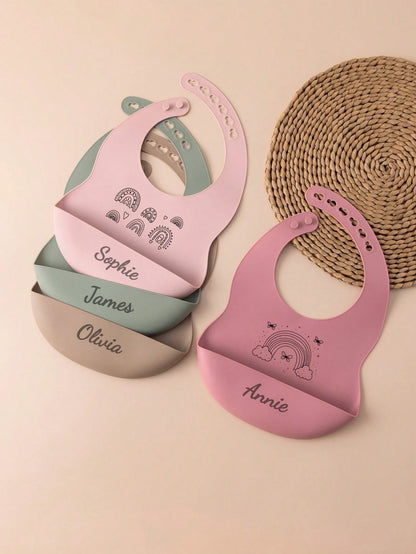 1pc Custom Name Pattern Baby Silicone Bib, Personalized Adjustable Waterproof Baby Bibs, Print On Demand Baby Tableware, Essential For Newborns, Baby Shower Gift