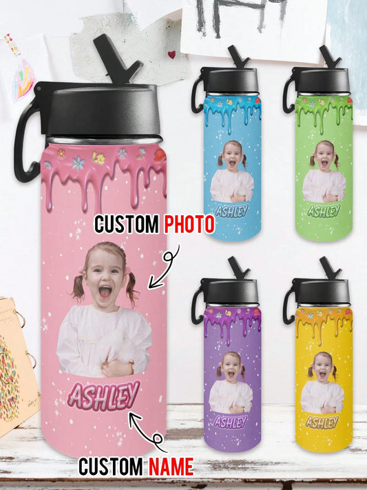 1pc Custom Water Bottle With Photo Name, Personalized 18oz Stainless Steel Insulated Sport Bottle With Straw Lid For Kids School Gift