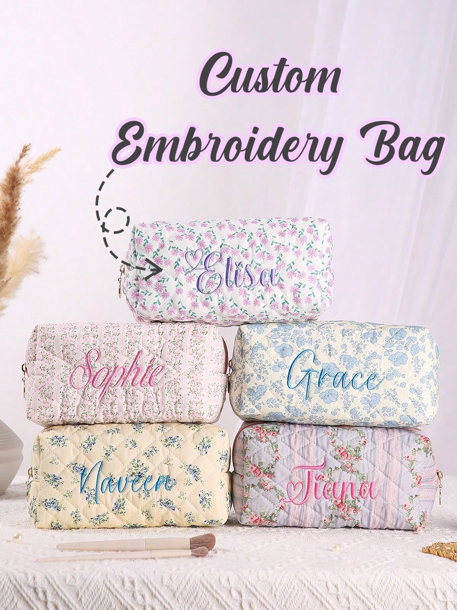 1pc Customizable Cosmetic Bag, Large Capacity Embroidered, Gift For Girlfriend, Family, Sisters, Business Travel, Vacation, Bridesmaids, Bridesmaid Proposal Gift, Travel Organizer, Wedding, Mother's D