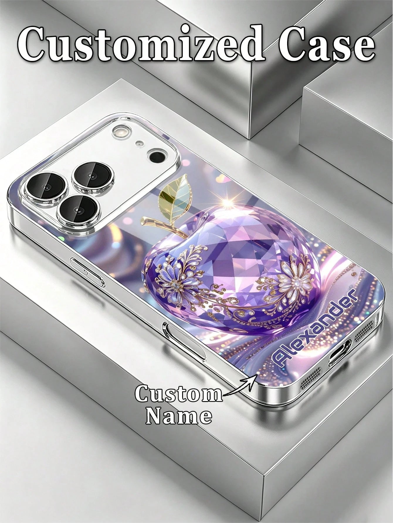 1pc Customizable Name, Luxury Amethyst Apple Rhinestone Floral Pattern Electroplated Glass Phone Case, Compatible With IPhone 17 Pro Max/16 Pro Max/15/14 Plus/13 Pro/12 Pro Max/11/Xs Max/8/7/6 Plus, S