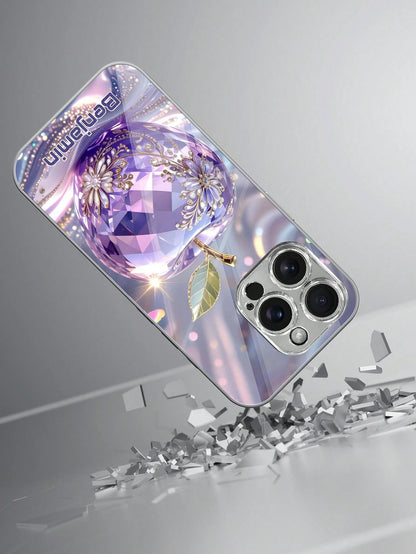 1pc Customizable Name, Luxury Amethyst Apple Rhinestone Floral Pattern Electroplated Glass Phone Case, Compatible With IPhone 17 Pro Max/16 Pro Max/15/14 Plus/13 Pro/12 Pro Max/11/Xs Max/8/7/6 Plus, S