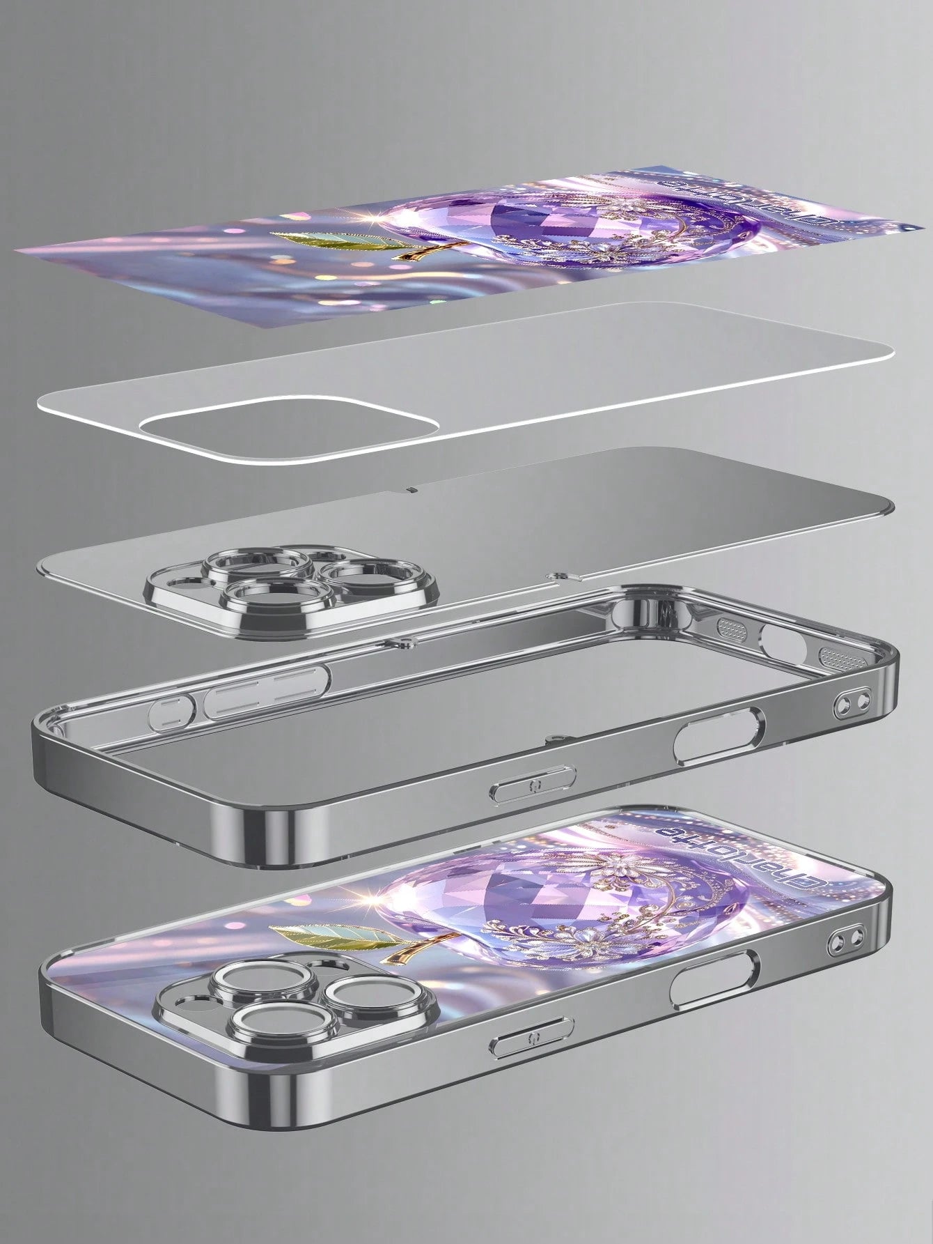 1pc Customizable Name, Luxury Amethyst Apple Rhinestone Floral Pattern Electroplated Glass Phone Case, Compatible With IPhone 17 Pro Max/16 Pro Max/15/14 Plus/13 Pro/12 Pro Max/11/Xs Max/8/7/6 Plus, S