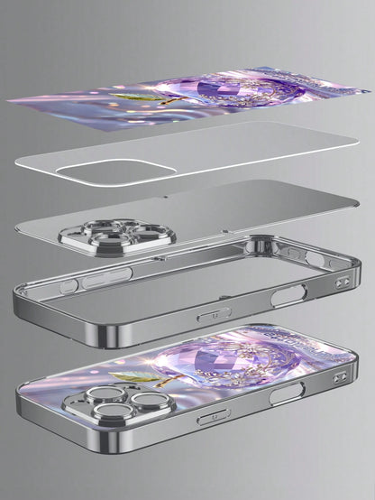 1pc Customizable Name, Luxury Amethyst Apple Rhinestone Floral Pattern Electroplated Glass Phone Case, Compatible With IPhone 17 Pro Max/16 Pro Max/15/14 Plus/13 Pro/12 Pro Max/11/Xs Max/8/7/6 Plus, S