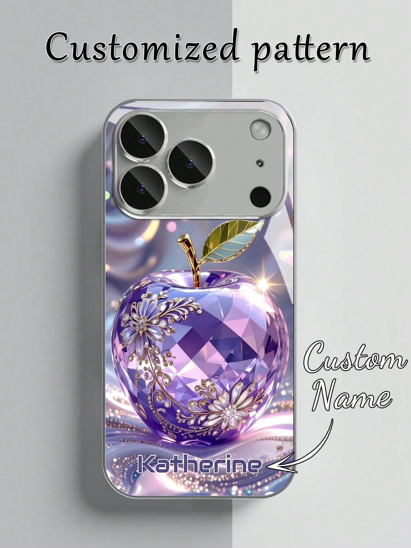 1pc Customizable Name, Luxury Amethyst Apple Rhinestone Floral Pattern Electroplated Glass Phone Case, Compatible With IPhone 17 Pro Max/16 Pro Max/15/14 Plus/13 Pro/12 Pro Max/11/Xs Max/8/7/6 Plus, S