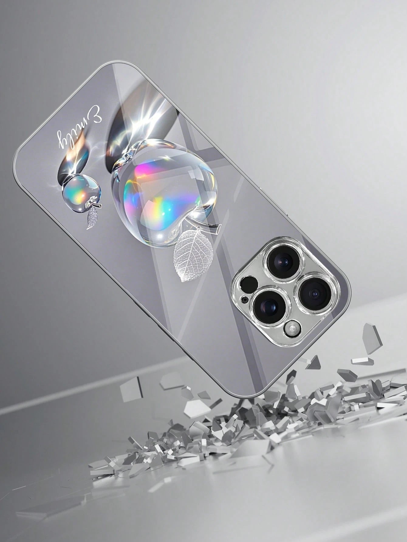 1pc Customizable Name, Luxury Amethyst Apple Rhinestone Floral Pattern Electroplated Glass Phone Case, Compatible With IPhone 17 Pro Max/16 Pro Max/15/14 Plus/13 Pro/12 Pro Max/11/Xs Max/8/7/6 Plus, S