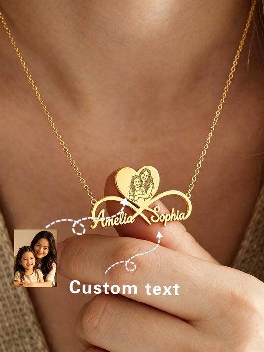 1pc Customized Infinity Symbol Heart Photo Personalized Double Name Necklace, Parent-Child Engraved Pendant, Mother's Day Commemorative Gift, Couple Anniversary Gift, Luxury Stainless Steel Women's Je