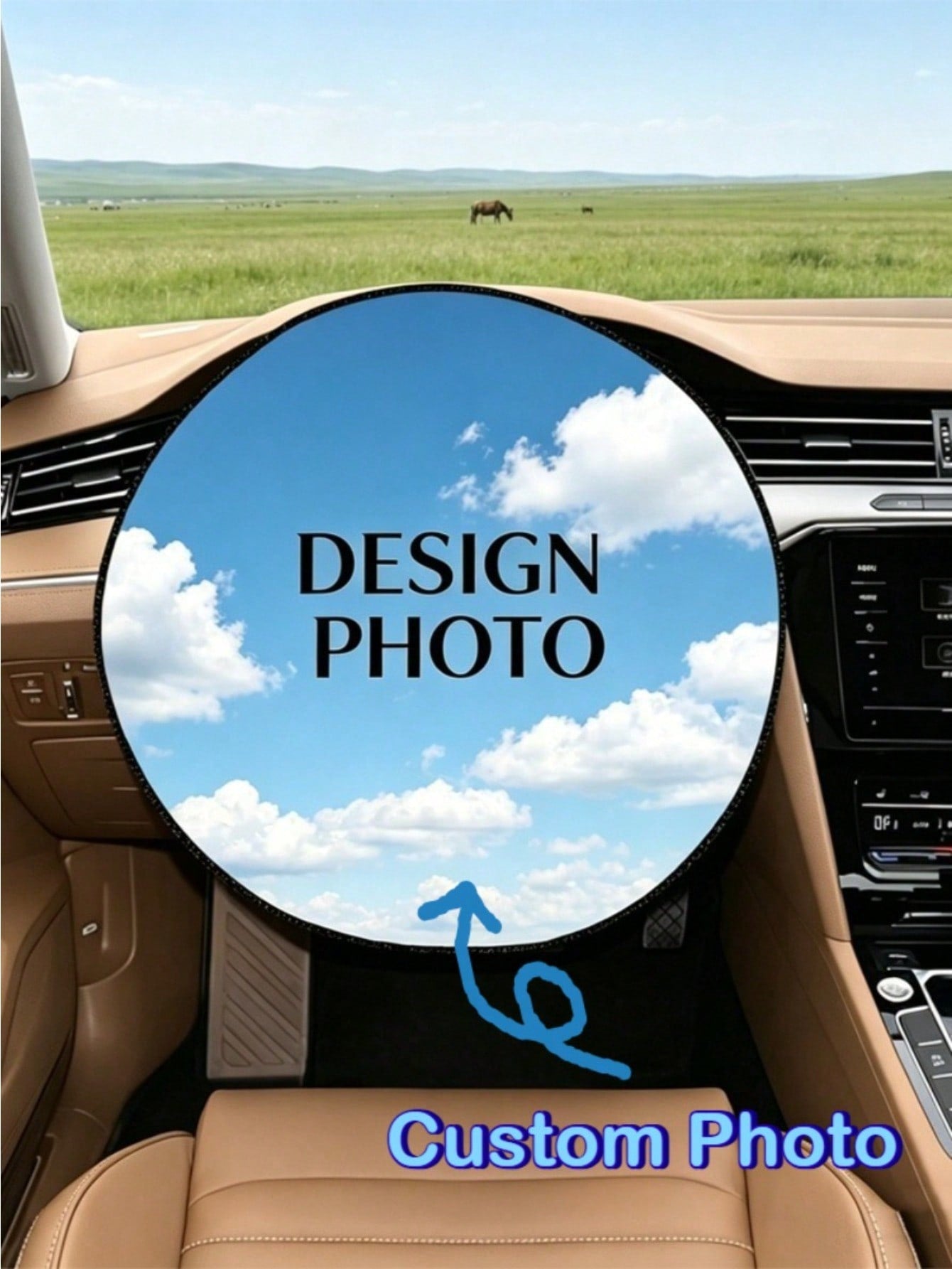 1pc Customized Steering Wheel Sunshade, Any Design/Image- This Steering Wheel Sunshade Features A Stylish And Minimalist Design, Effectively Blocking Sunlight And Improving Driving Comfort, Perfect F