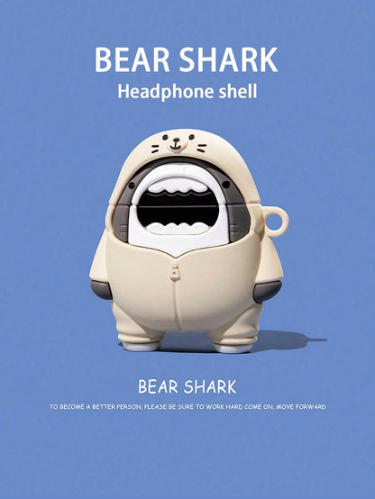 1pc Cute Cartoon Shark Design 3D Silicone Earphone Protective Case, Compatible With Airpods 1/2/3/Pro/Pro2