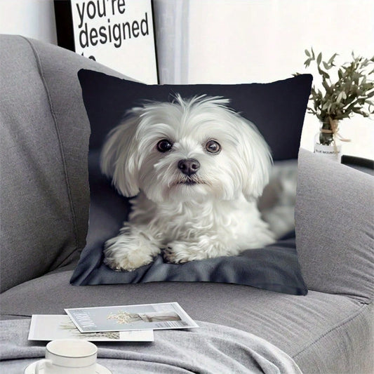 1Pc Cute Maltese Dog Pattern Throw Pillow Covers- 17.7*17.7 Inches, Single-Side Printing, Zipper Closure & Machine Washable, Chic Pet Decor For Home, Office, Living Room & Car, No Insert Included