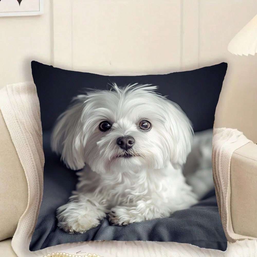 1Pc Cute Maltese Dog Pattern Throw Pillow Covers- 17.7*17.7 Inches, Single-Side Printing, Zipper Closure & Machine Washable, Chic Pet Decor For Home, Office, Living Room & Car, No Insert Included