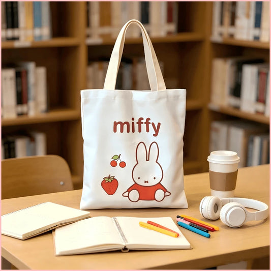1pc Cute Miffy Cartoon Canvas Tote Bag, Large Capacity Shoulder Bag With Strawberry And Cherry Pattern, Portable Daily Commute And School Handbag, Perfect Holiday Gift For Girls And Teenagers