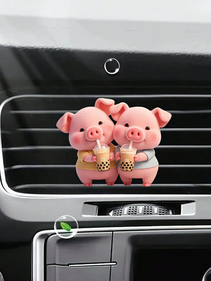 1pc Cute Piglet Drinking Bubble Tea Acrylic Car Air Vent Clip Fragrance Diffuser, Car Air Freshener Vent Clip, Car Interior Decor