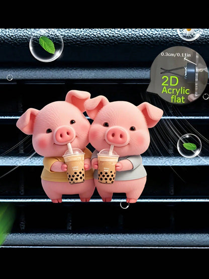 1pc Cute Piglet Drinking Bubble Tea Acrylic Car Air Vent Clip Fragrance Diffuser, Car Air Freshener Vent Clip, Car Interior Decor