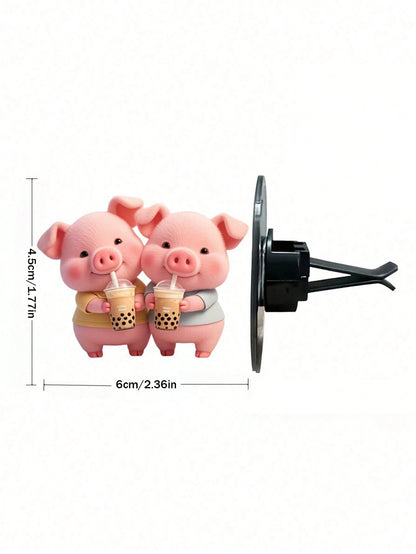 1pc Cute Piglet Drinking Bubble Tea Acrylic Car Air Vent Clip Fragrance Diffuser, Car Air Freshener Vent Clip, Car Interior Decor