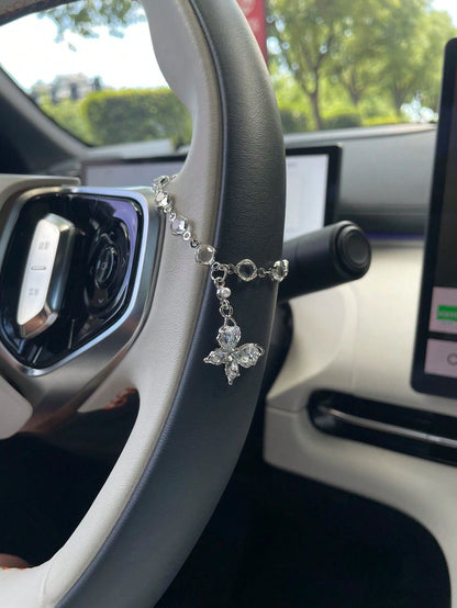 1pc Elegant Rhinestone Butterfly Car Steering Wheel Decorative Chain, High-End Elegant Embedded Gemstone Alloy Chain With Rhinestone Butterfly Pendant And Pearl Tassel Decor Accessory, Minimalist Eleg