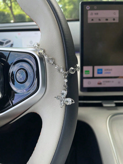 1pc Elegant Rhinestone Butterfly Car Steering Wheel Decorative Chain, High-End Elegant Embedded Gemstone Alloy Chain With Rhinestone Butterfly Pendant And Pearl Tassel Decor Accessory, Minimalist Eleg