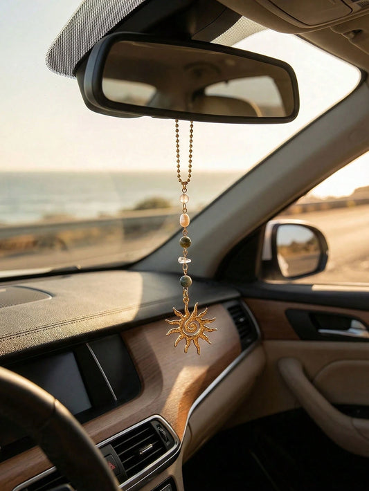1pc Emerald Green Bohemian Style Sun Shaped Car Pendant Charm