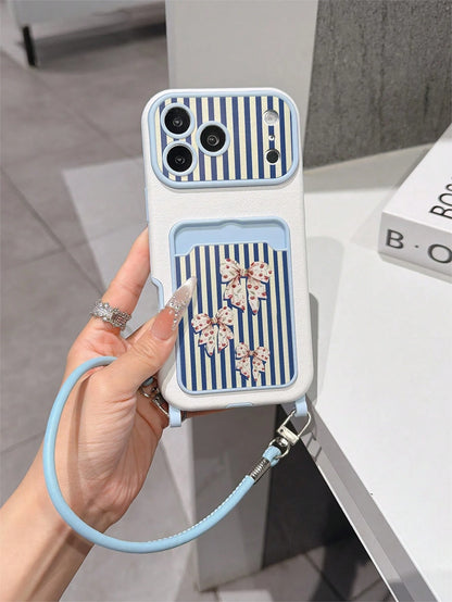1pc Fashion Personalized Full Screen Striped Cherry Bow Design, Stylish Card Holder Lanyard TPU Protective Phone Case, Suitable As Holiday Gift Compatible With Apple 11/12/13/14/14Plus/15/15Plus/16/16