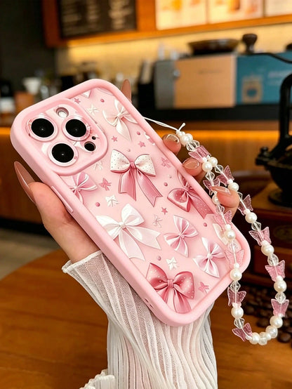 1pc Fashionable Cute Butterfly Painted Pink Butterfly Strap Shock-Proof Thick Phone Case With Butterfly Lanyard, Anti-Slip Anti-Drop Anti-Shock Durable Protective Cover For IPhone 17/17Pro/17ProMax/16