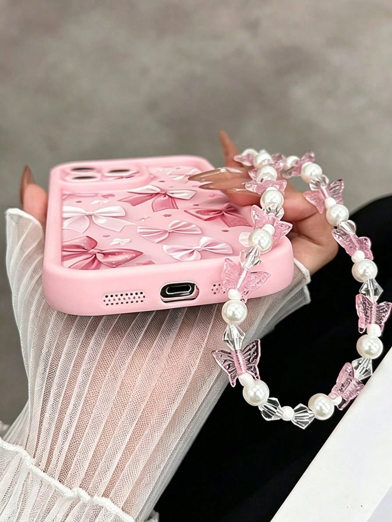 1pc Fashionable Cute Butterfly Painted Pink Butterfly Strap Shock-Proof Thick Phone Case With Butterfly Lanyard, Anti-Slip Anti-Drop Anti-Shock Durable Protective Cover For IPhone 17/17Pro/17ProMax/16