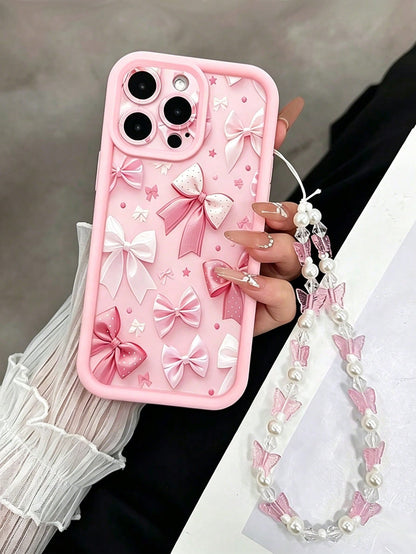 1pc Fashionable Cute Butterfly Painted Pink Butterfly Strap Shock-Proof Thick Phone Case With Butterfly Lanyard, Anti-Slip Anti-Drop Anti-Shock Durable Protective Cover For IPhone 17/17Pro/17ProMax/16