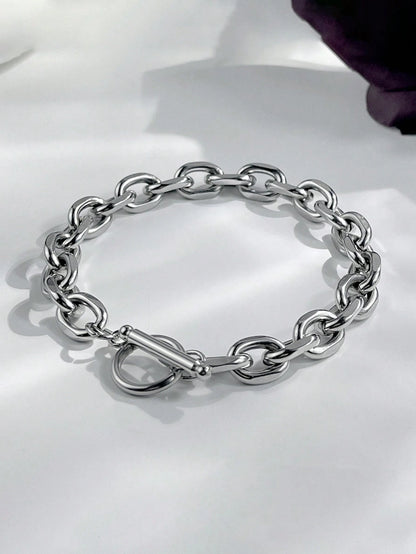 1pc Fashionable Hip-Hop Stainless Steel O-Ring OT Clasp Chunky Bracelet, Minimalist Men's Stainless Steel Bracelet Suitable For Daily Wear
