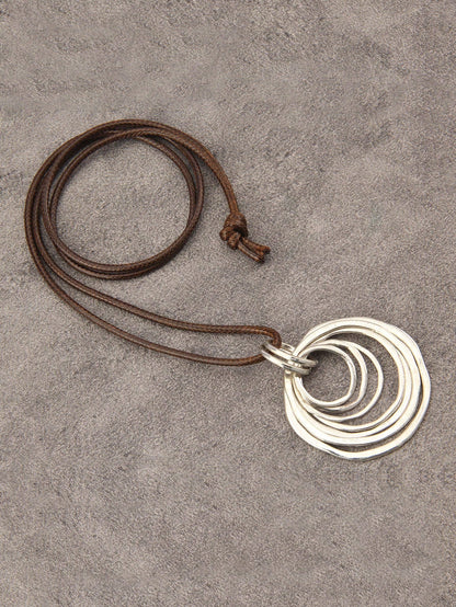 1pc Fashionable Minimalist 7 Layered Asymmetrical Flat Circle Alloy Pendant Long Chain Necklace For Women