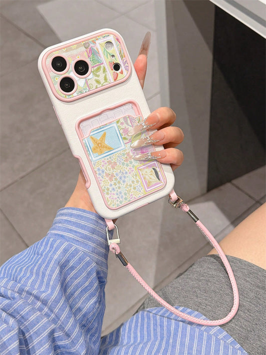 1pc Fashionable Personalized Full-Screen Floral Patchwork Starfish Color Block Pattern, Fashion Card Holder Lanyard TPU Material Shockproof Protective Phone Case, Suitable As Holiday Gift Compatible W