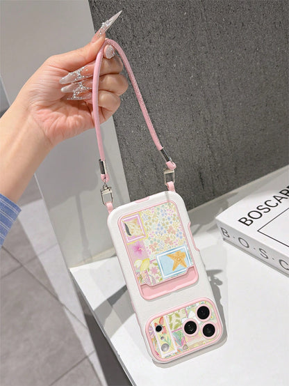 1pc Fashionable Personalized Full-Screen Floral Patchwork Starfish Color Block Pattern, Fashion Card Holder Lanyard TPU Material Shockproof Protective Phone Case, Suitable As Holiday Gift Compatible W