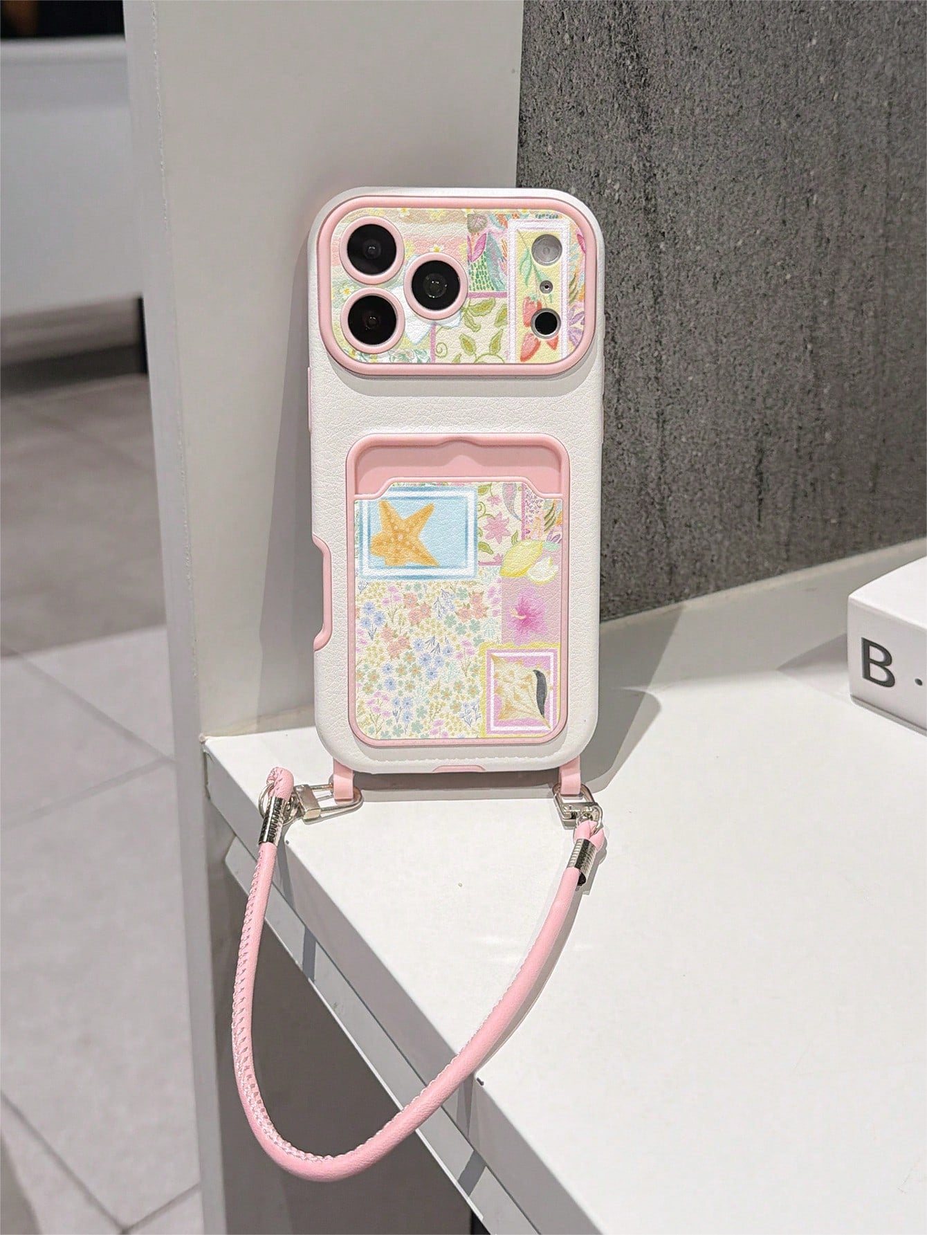 1pc Fashionable Personalized Full-Screen Floral Patchwork Starfish Color Block Pattern, Fashion Card Holder Lanyard TPU Material Shockproof Protective Phone Case, Suitable As Holiday Gift Compatible W