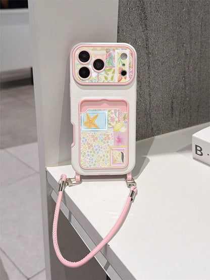 1pc Fashionable Personalized Full-Screen Floral Patchwork Starfish Color Block Pattern, Fashion Card Holder Lanyard TPU Material Shockproof Protective Phone Case, Suitable As Holiday Gift Compatible W