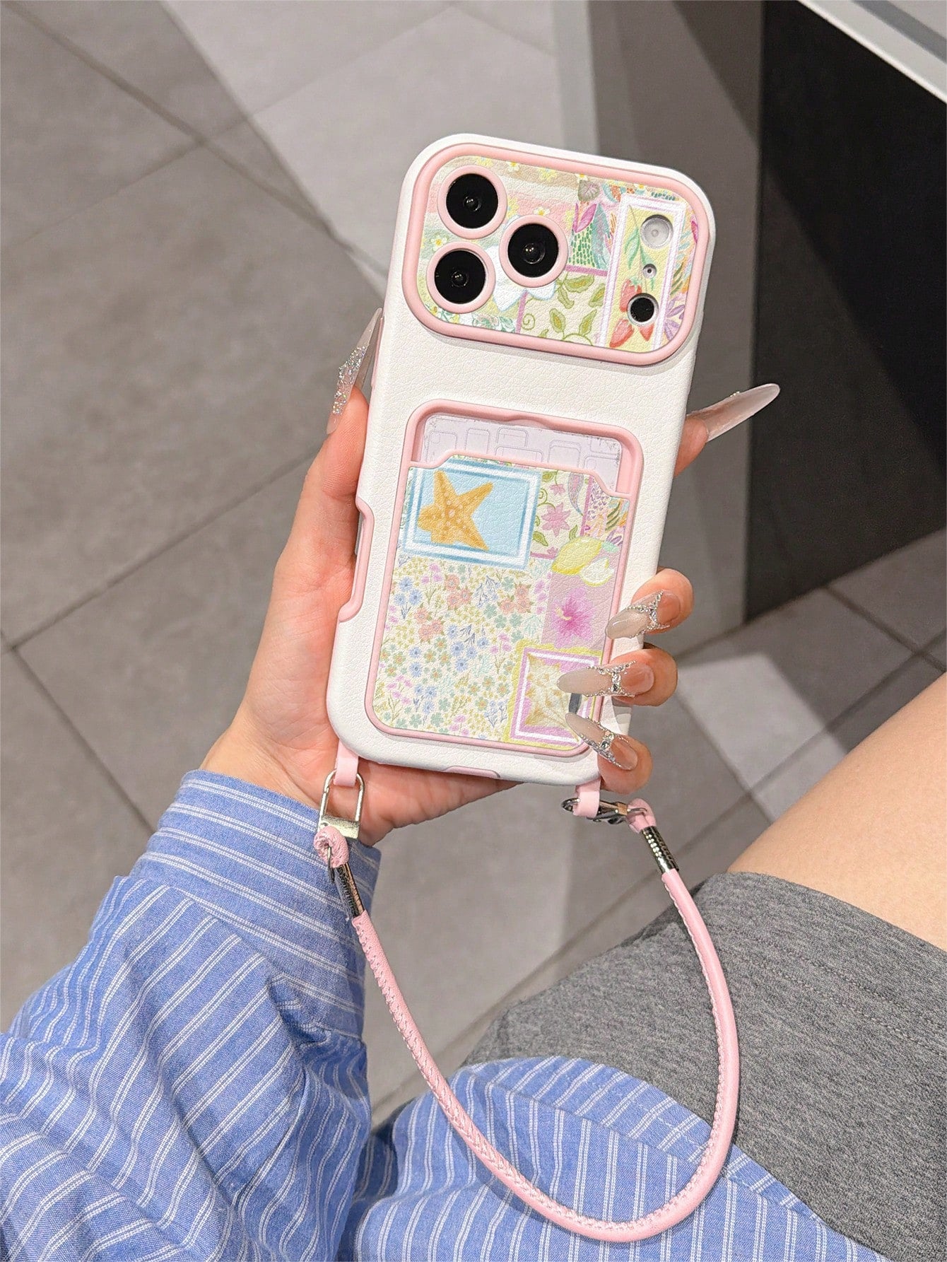 1pc Fashionable Personalized Full-Screen Floral Patchwork Starfish Color Block Pattern, Fashion Card Holder Lanyard TPU Material Shockproof Protective Phone Case, Suitable As Holiday Gift Compatible W