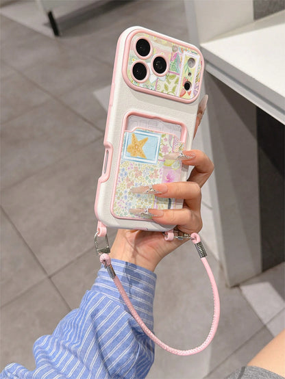 1pc Fashionable Personalized Full-Screen Floral Patchwork Starfish Color Block Pattern, Fashion Card Holder Lanyard TPU Material Shockproof Protective Phone Case, Suitable As Holiday Gift Compatible W