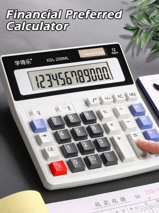 1pc Financial Office Calculator,12-Digit Large Display & Large Buttons,Solar Cell Dual Power Supply, Multipurpose, Suitable For Commercial, Financial And Accounting Use Back To School