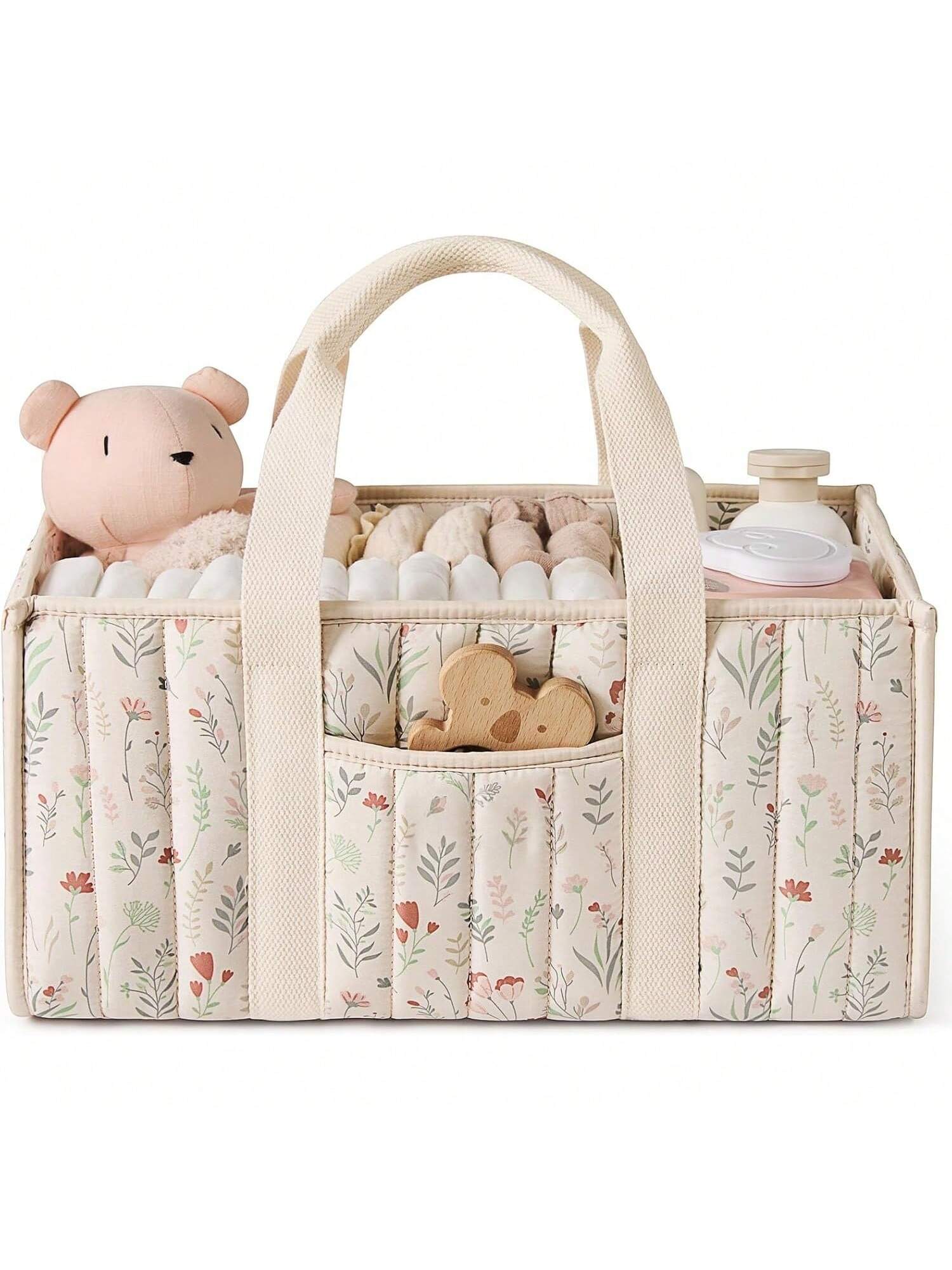 1pc Floral Diaper Caddy Organizer, Stylish Nursery Storage Basket- Gift For Baby Shower, Baby Registry Must Have, Newborn Essentials, Baby Caddy Organizer(Flower Prints In Randomized Positions)