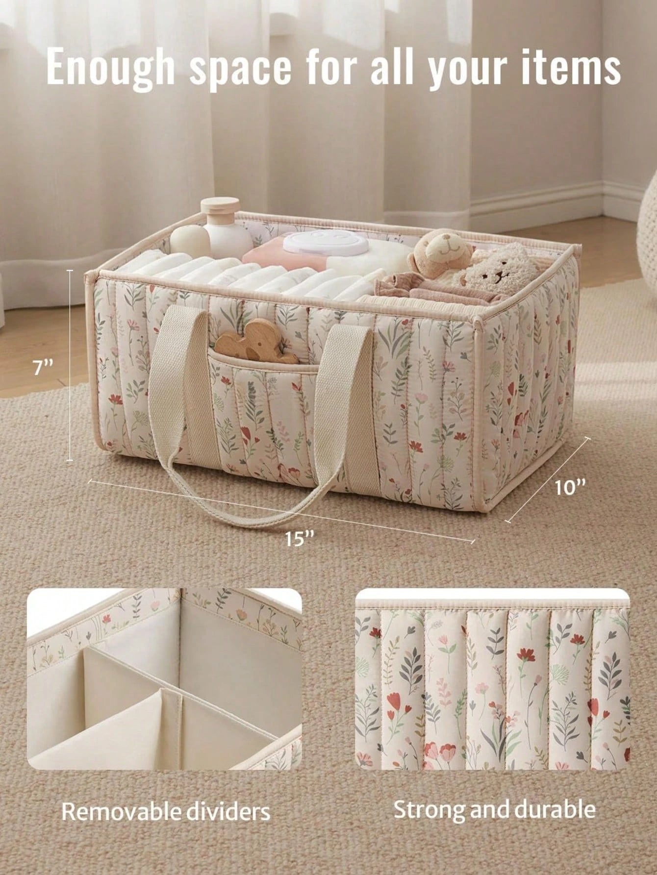 1pc Floral Diaper Caddy Organizer, Stylish Nursery Storage Basket- Gift For Baby Shower, Baby Registry Must Have, Newborn Essentials, Baby Caddy Organizer(Flower Prints In Randomized Positions)
