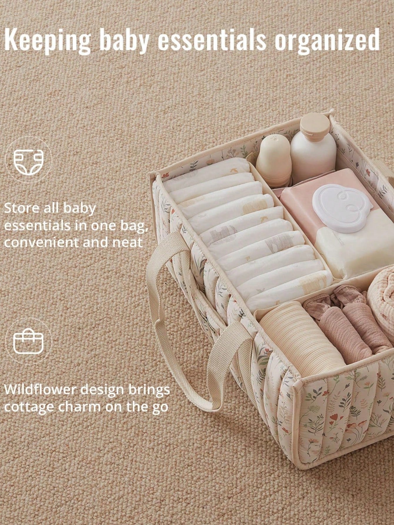 1pc Floral Diaper Caddy Organizer, Stylish Nursery Storage Basket- Gift For Baby Shower, Baby Registry Must Have, Newborn Essentials, Baby Caddy Organizer(Flower Prints In Randomized Positions)