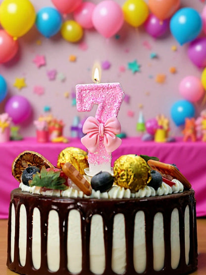 1pc Glitter Pink Bowknot Birthday Candle Birthday Number Candle 0-9 With Pink Bow Decoration Cake Topper Set For Birthday Celebration Graduation Anniversary Party DIY Back To School Valentine's Day An