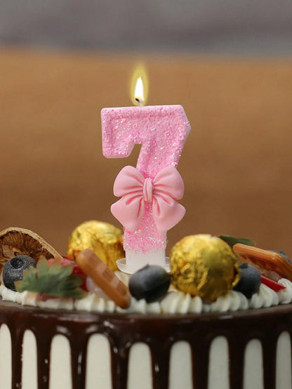 1pc Glitter Pink Bowknot Birthday Candle Birthday Number Candle 0-9 With Pink Bow Decoration Cake Topper Set For Birthday Celebration Graduation Anniversary Party DIY Back To School Valentine's Day An