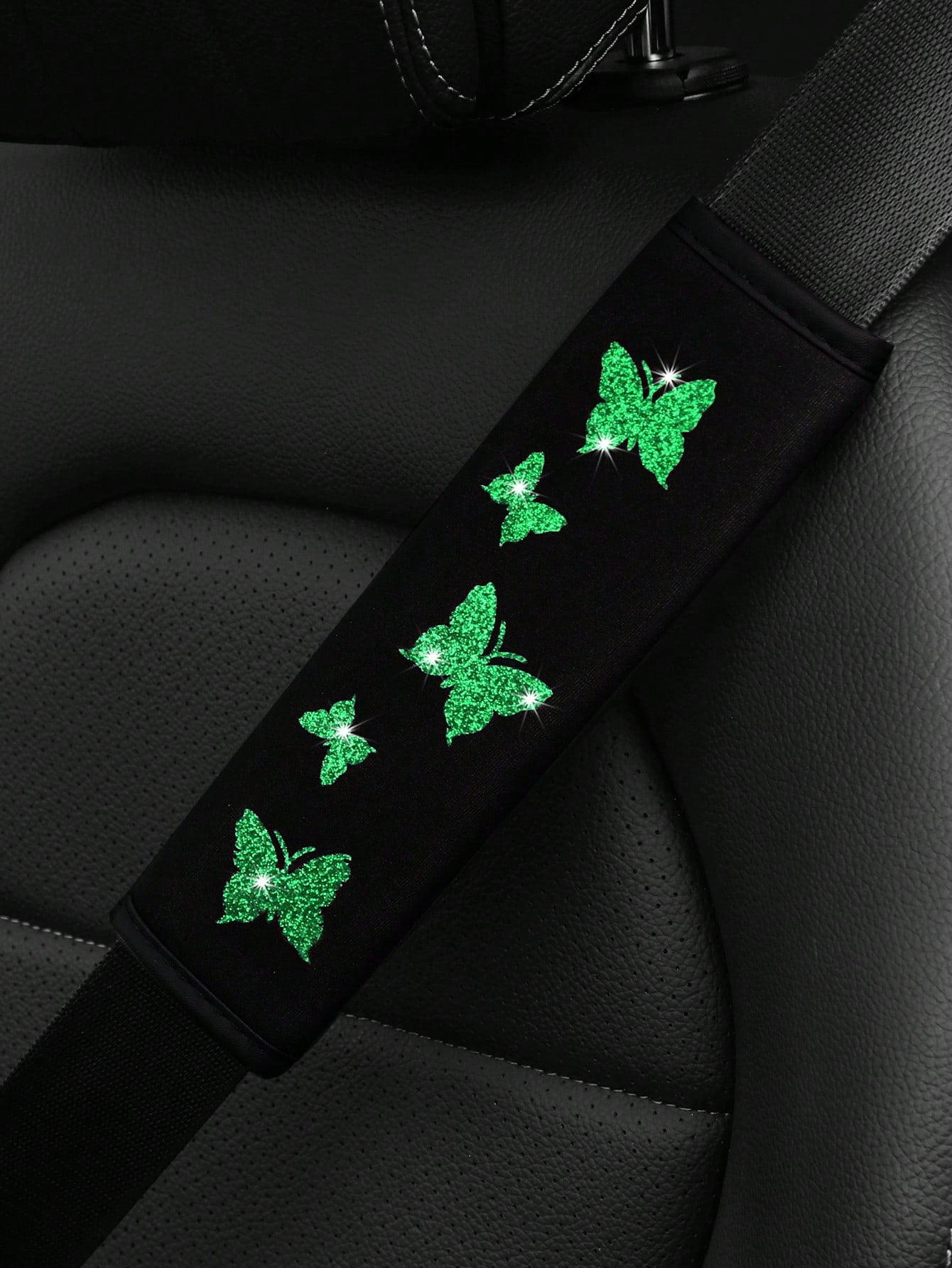 1pc Glitter Purple, Green, Dark Grey Butterfly Blingling Fabric Car Safety Belt Shoulder Pad,Comfortable, Pressure Relief, Anti-Friction