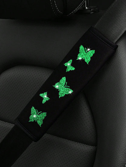1pc Glitter Purple, Green, Dark Grey Butterfly Blingling Fabric Car Safety Belt Shoulder Pad,Comfortable, Pressure Relief, Anti-Friction