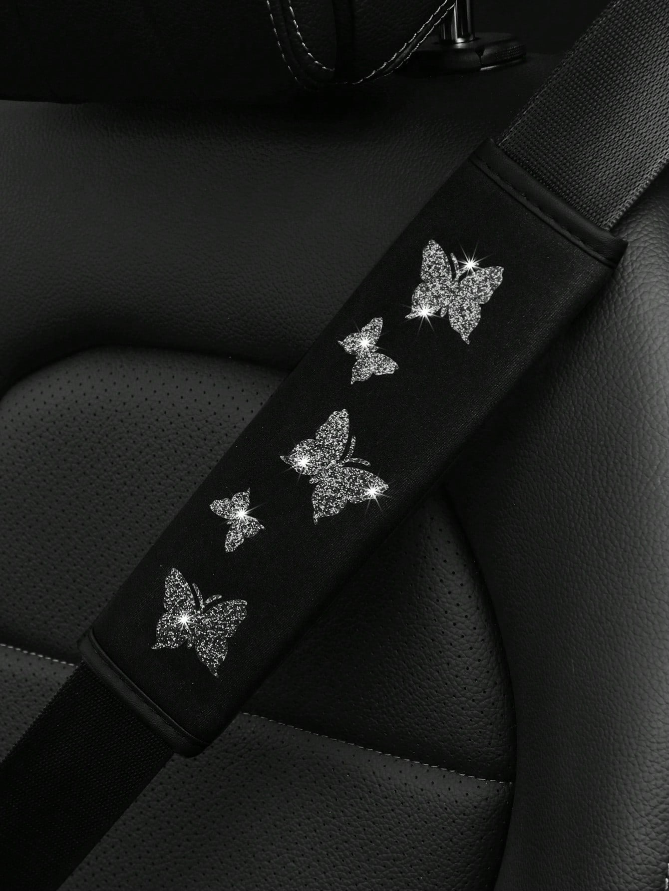 1pc Glitter Purple, Green, Dark Grey Butterfly Blingling Fabric Car Safety Belt Shoulder Pad,Comfortable, Pressure Relief, Anti-Friction