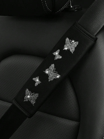 1pc Glitter Purple, Green, Dark Grey Butterfly Blingling Fabric Car Safety Belt Shoulder Pad,Comfortable, Pressure Relief, Anti-Friction