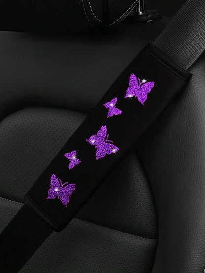 1pc Glitter Purple, Green, Dark Grey Butterfly Blingling Fabric Car Safety Belt Shoulder Pad,Comfortable, Pressure Relief, Anti-Friction